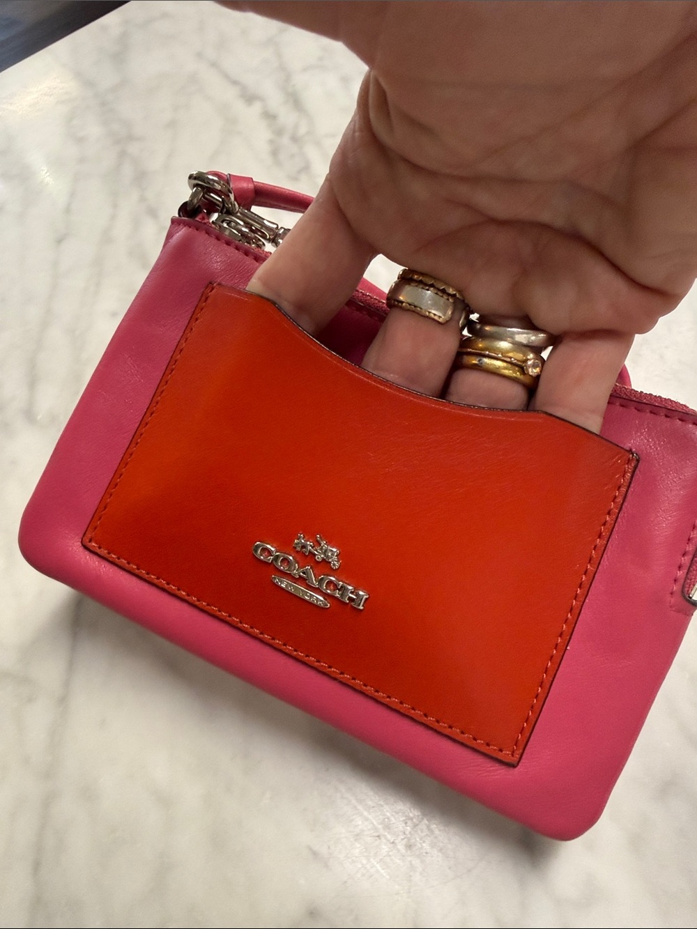 Coach Red and Pink Color Block Leather Wristlet - Picture 3 of 9